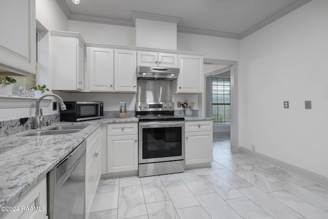 kitchen featuring light stone counters, crown molding, stainless steel appliances, sink, and white cabinets