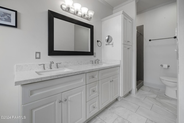 bathroom with toilet, vanity, and crown molding