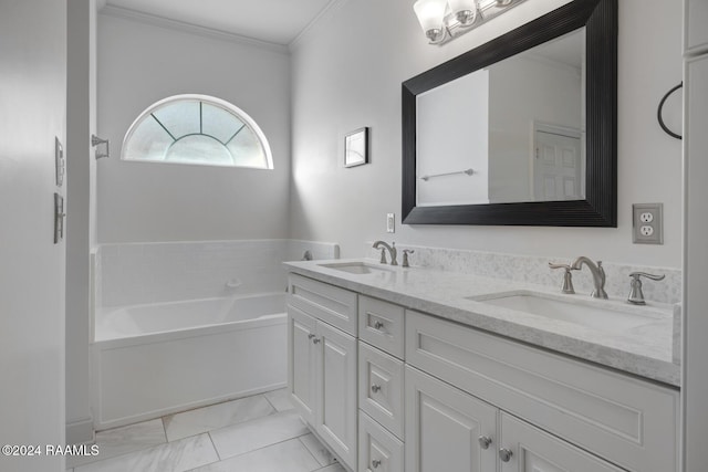 bathroom with ornamental molding, vanity, and a tub to relax in