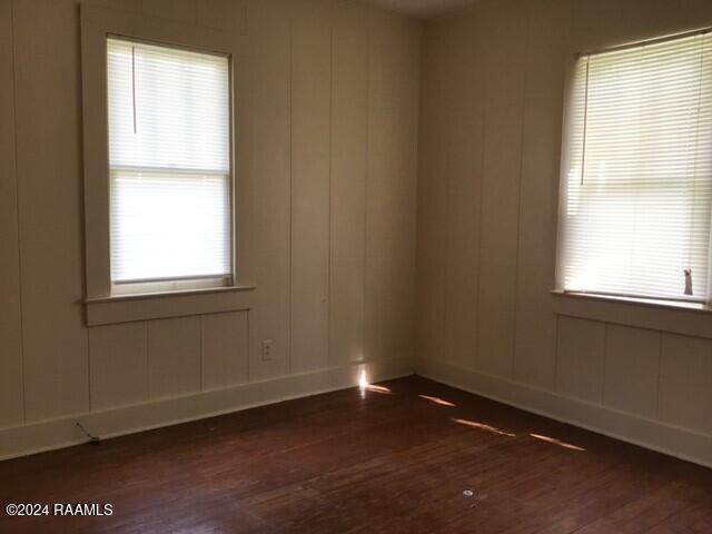 unfurnished room featuring wooden walls, dark hardwood / wood-style floors, and a wealth of natural light