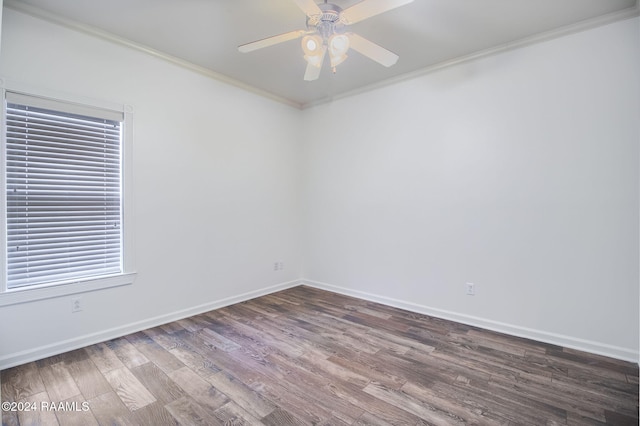 spare room with crown molding, hardwood / wood-style flooring, and ceiling fan