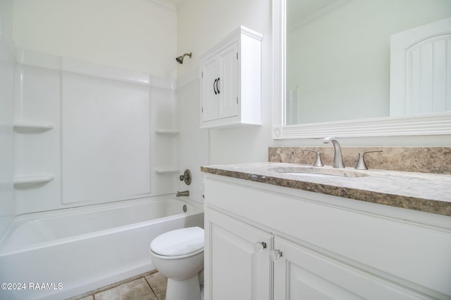 full bathroom with vanity, crown molding, shower / washtub combination, and toilet