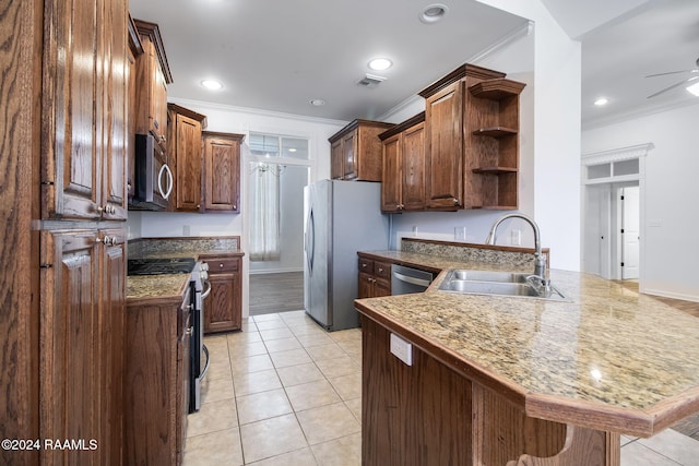 kitchen featuring sink, light tile patterned flooring, kitchen peninsula, stainless steel appliances, and crown molding