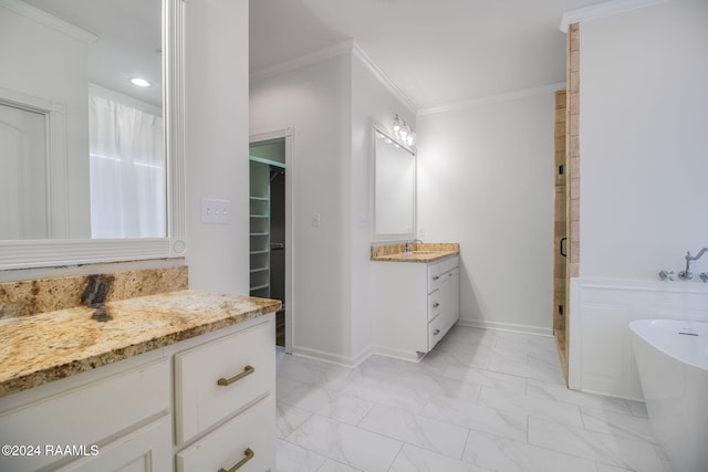 bathroom with vanity, shower with separate bathtub, and ornamental molding