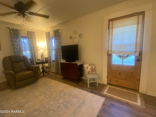 living room with crown molding, ceiling fan, and dark hardwood / wood-style flooring