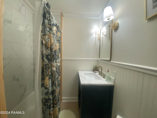 bathroom with vanity, ornamental molding, and shower / bathtub combination with curtain