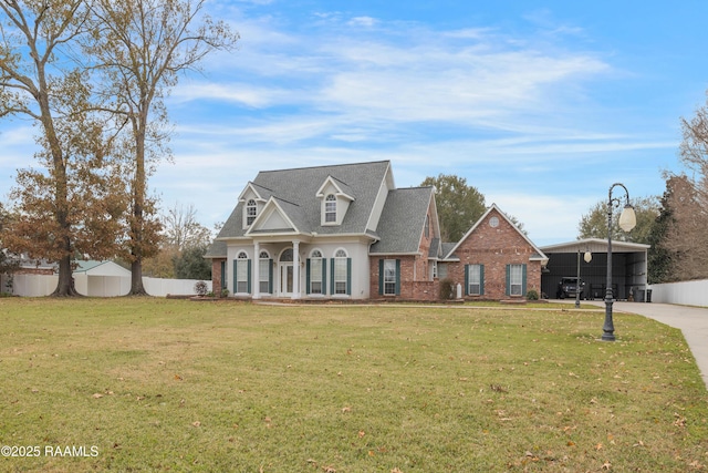 cape cod house featuring a front yard and a carport