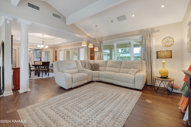 living room featuring an inviting chandelier, ornate columns, vaulted ceiling with beams, and dark hardwood / wood-style flooring