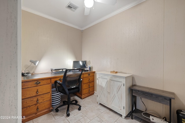 home office with ceiling fan and crown molding