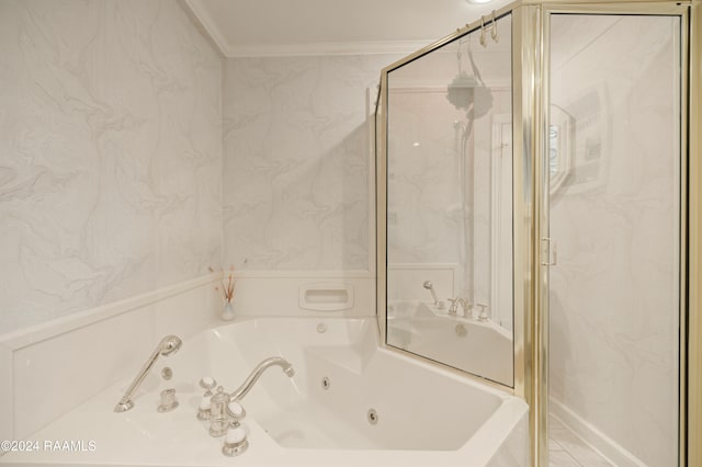 bathroom featuring separate shower and tub and crown molding