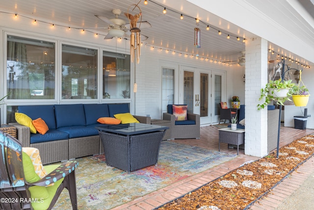 view of patio / terrace with an outdoor hangout area, french doors, and ceiling fan