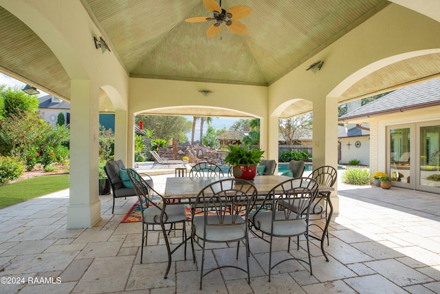 402 Old Settlement Rd, Lafayette, LA 70508 - view of patio / terrace featuring french doors, ceiling fan, fence, and outdoor dining area