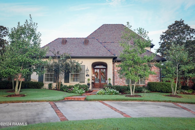 french country home with a front lawn, french doors, a shingled roof, and brick siding