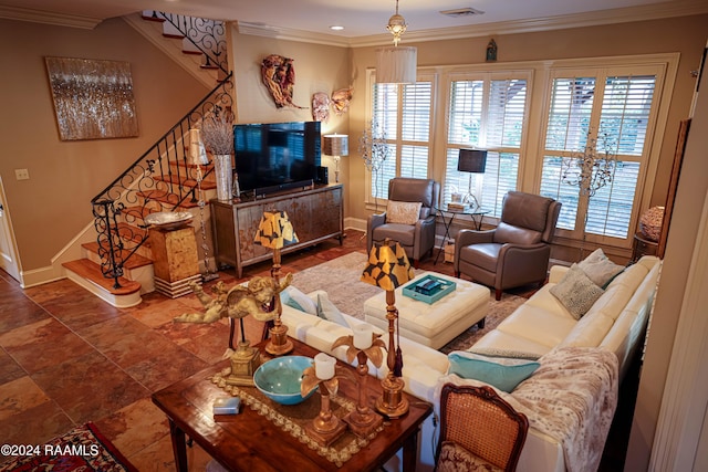 living area with stairs, baseboards, crown molding, and recessed lighting