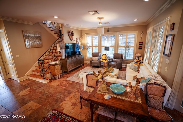 living area featuring stairs, baseboards, recessed lighting, and crown molding