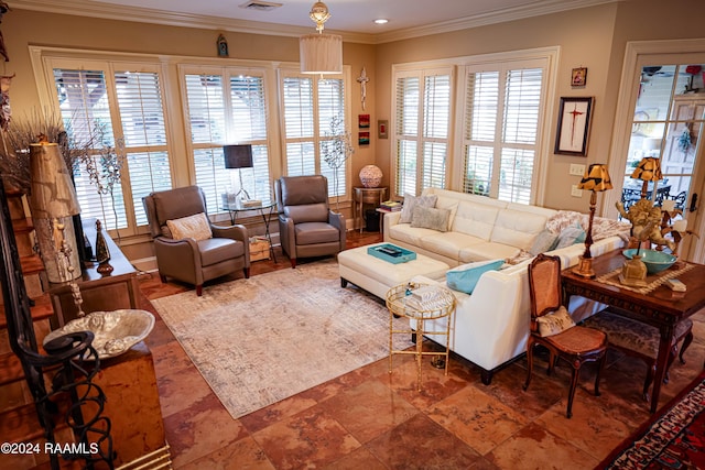 living area with ornamental molding