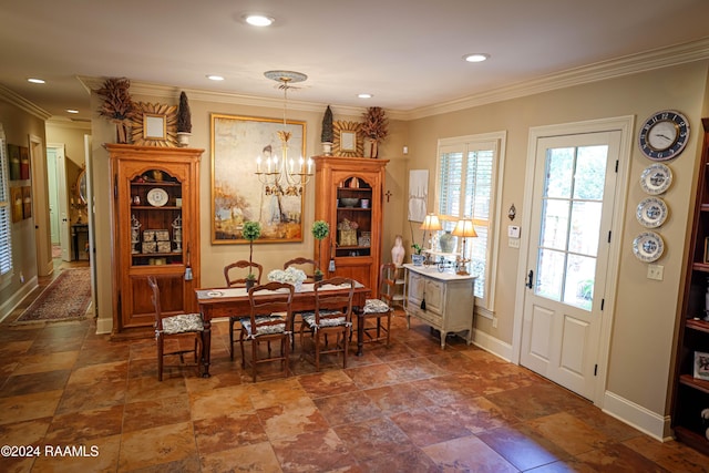 dining area with baseboards, a chandelier, ornamental molding, and recessed lighting