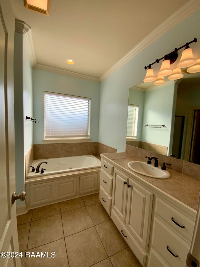 bathroom with vanity, a healthy amount of sunlight, ornamental molding, and a bath