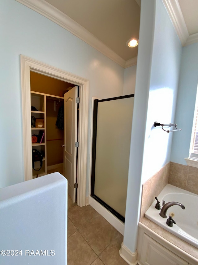 bathroom with independent shower and bath, crown molding, and tile patterned floors