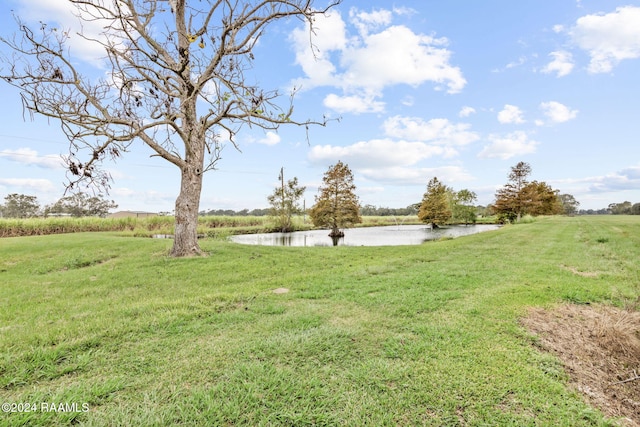 view of yard with a water view and a rural view