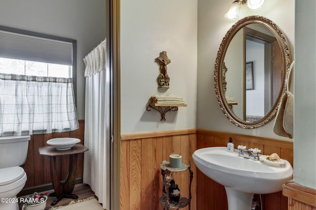 bathroom featuring wood walls, toilet, and sink