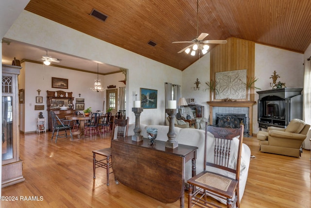 living room featuring light wood-type flooring, a fireplace, high vaulted ceiling, and wooden ceiling