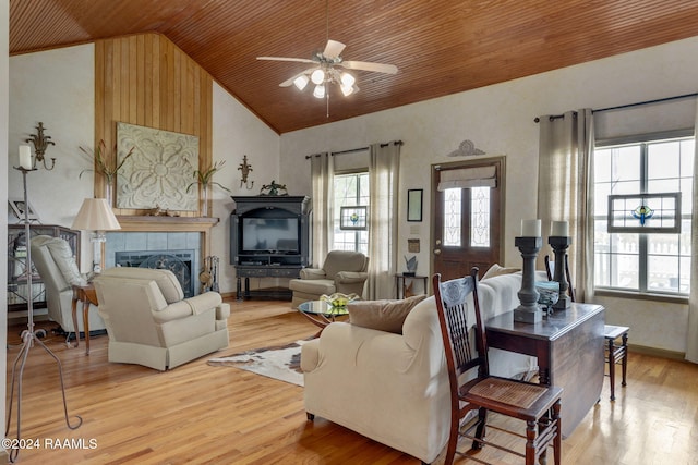 living room with wood ceiling, hardwood / wood-style flooring, and a healthy amount of sunlight