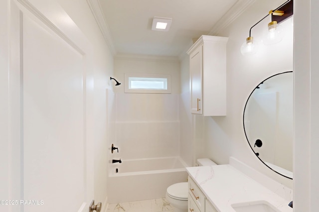 full bath with bathtub / shower combination, toilet, vanity, marble finish floor, and ornamental molding