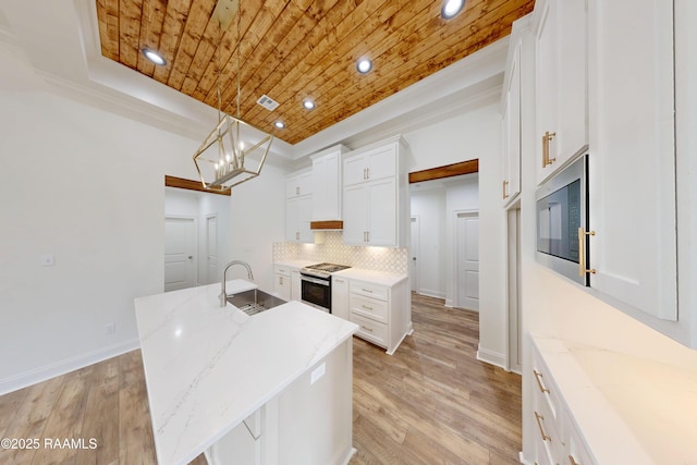 kitchen with stainless steel appliances, a sink, wood ceiling, white cabinetry, and a center island with sink