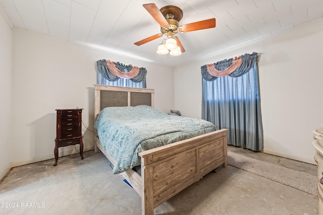 bedroom featuring ceiling fan and crown molding