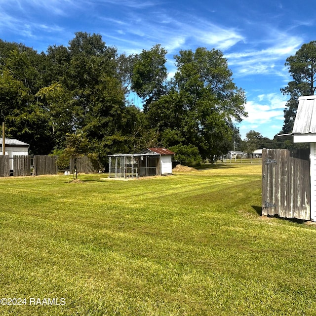 view of yard featuring a storage shed