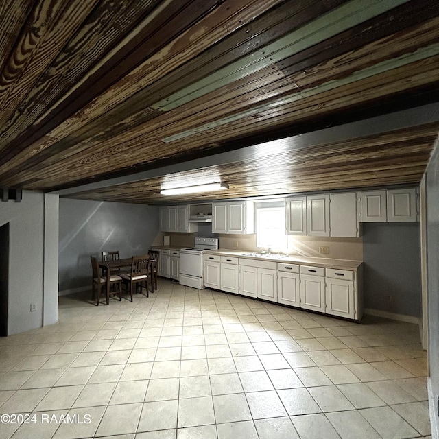 kitchen with wall chimney range hood, sink, electric stove, wood ceiling, and light tile patterned floors