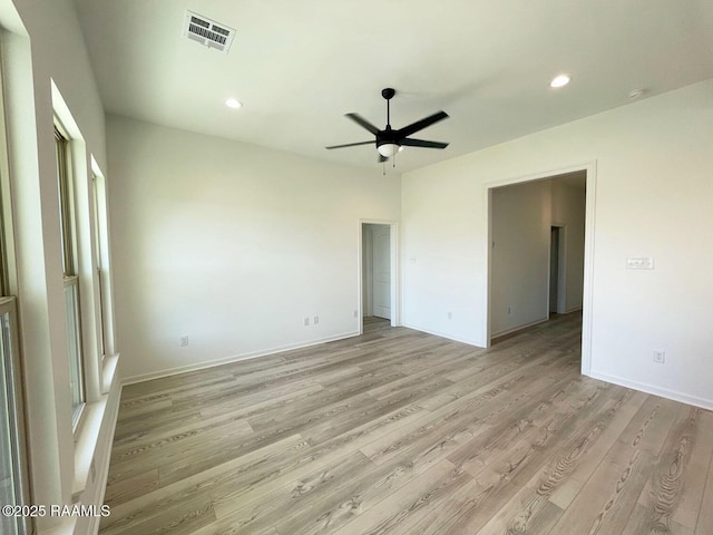 unfurnished bedroom featuring visible vents, light wood-style flooring, recessed lighting, baseboards, and ceiling fan