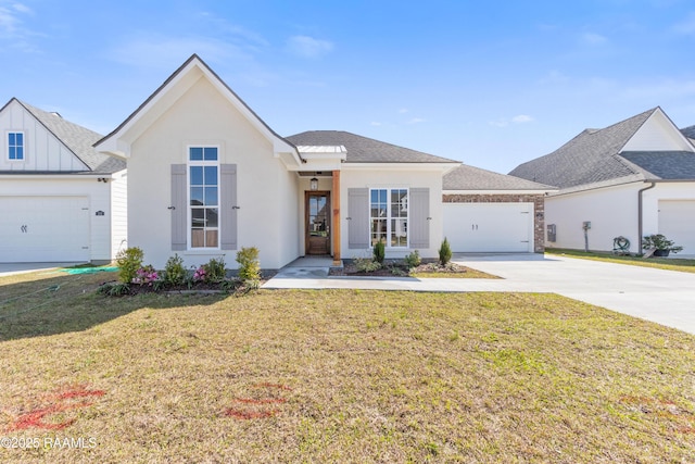 ranch-style house with a front lawn, board and batten siding, concrete driveway, a shingled roof, and a garage