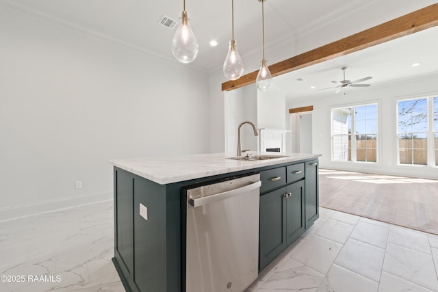 kitchen with crown molding, open floor plan, dishwasher, marble finish floor, and a sink