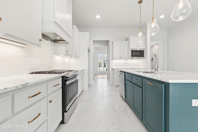 kitchen featuring a sink, stainless steel appliances, backsplash, and crown molding