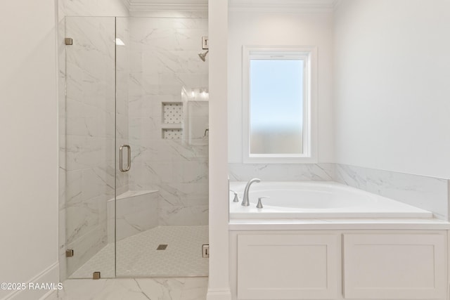 full bath with a garden tub, crown molding, marble finish floor, and a marble finish shower