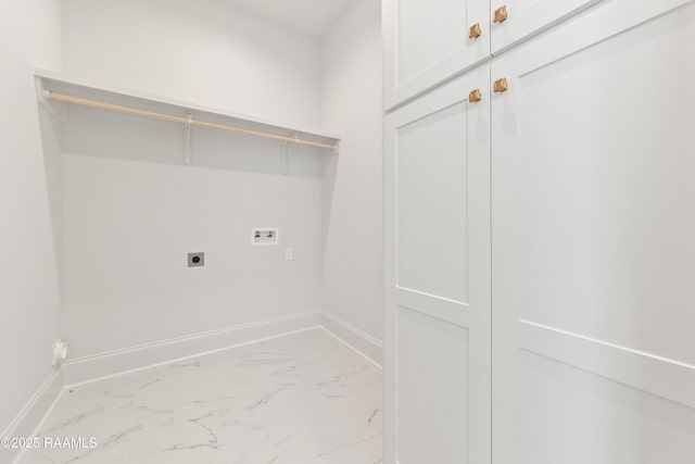 laundry area featuring washer hookup, baseboards, marble finish floor, and hookup for an electric dryer