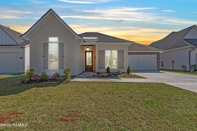 single story home with an attached garage, a shingled roof, stucco siding, concrete driveway, and a lawn