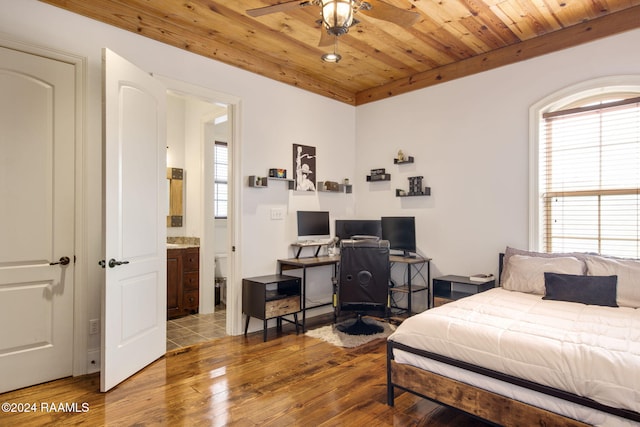 bedroom with ceiling fan, ensuite bathroom, wood-type flooring, and wood ceiling