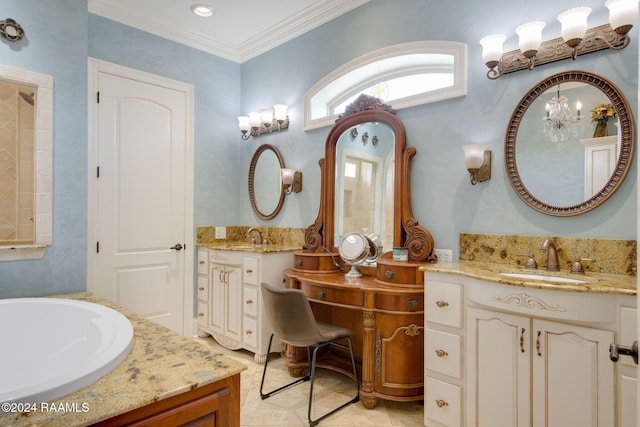 bathroom featuring a bathtub, ornamental molding, vanity, a notable chandelier, and tile patterned flooring