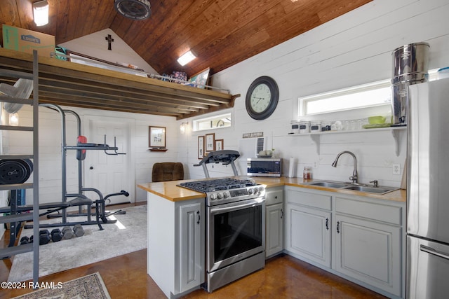 kitchen with stainless steel appliances, wood ceiling, sink, vaulted ceiling, and kitchen peninsula