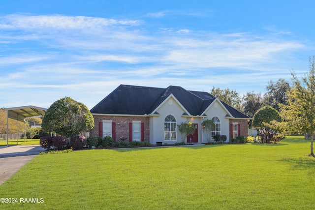 single story home featuring a front lawn