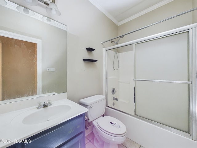 full bathroom featuring tile patterned flooring, toilet, shower / bath combination with glass door, vanity, and ornamental molding