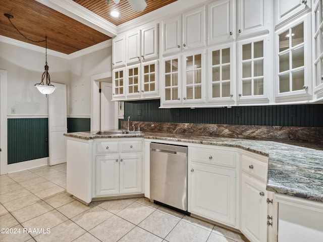 kitchen with dishwasher, white cabinetry, and hanging light fixtures