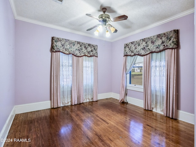 unfurnished room with ornamental molding, a textured ceiling, ceiling fan, and wood-type flooring