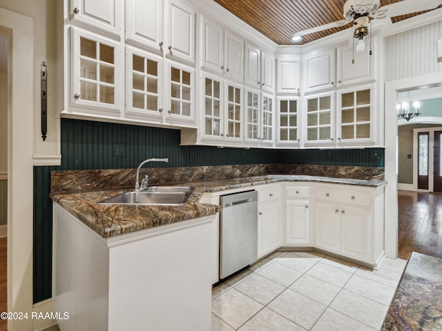 kitchen with white cabinetry, sink, stainless steel dishwasher, wooden ceiling, and light hardwood / wood-style flooring