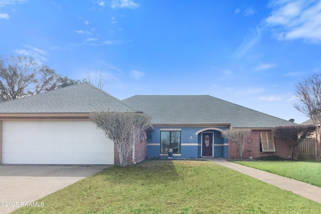 single story home with a garage and a front yard