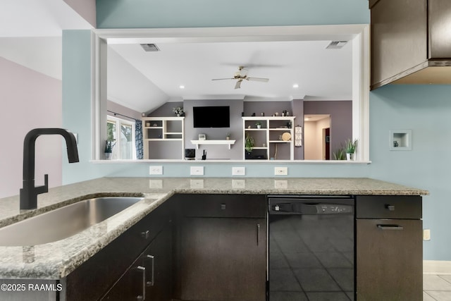 kitchen with dark brown cabinetry, sink, black dishwasher, kitchen peninsula, and light stone countertops