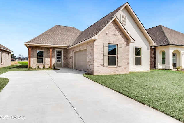 french country style house featuring a front lawn and a garage